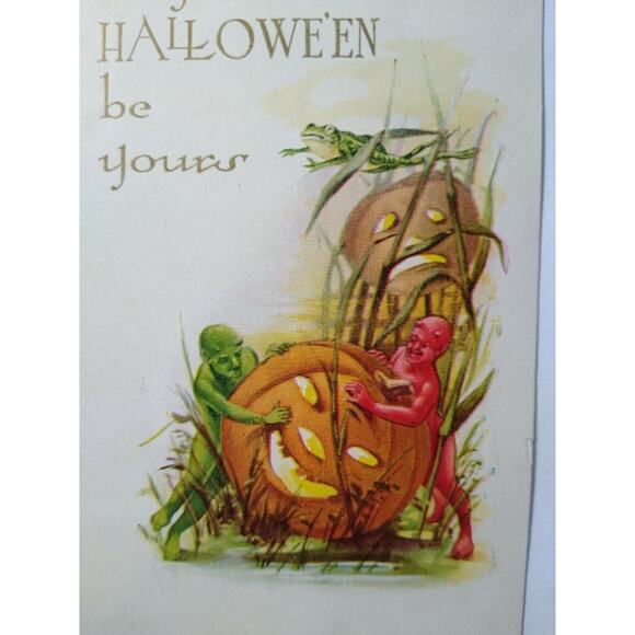 Halloween Postcard Fantasy Red & Green Devils In Swamp Frog Giant JOL Gibson - Picture 5 of 5